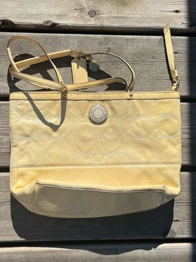 Coach Pale Yellow Leather Shoulder Bag with Signature Stitching
